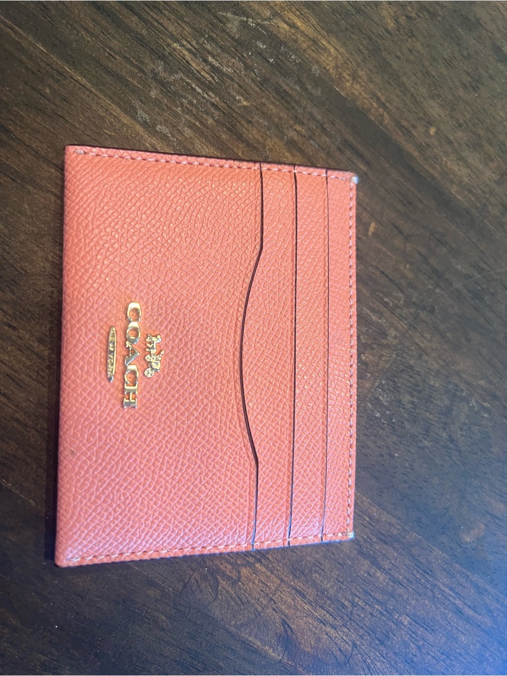 Coach Coral Pink Leather Card Sleeve with Gold Hardware
